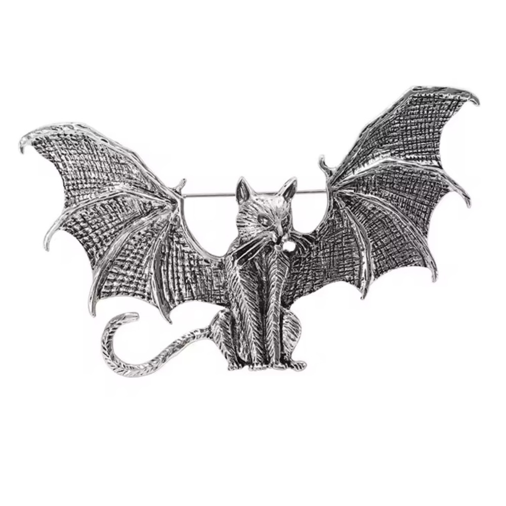 Vintage Bat Cat Silver Brooch
